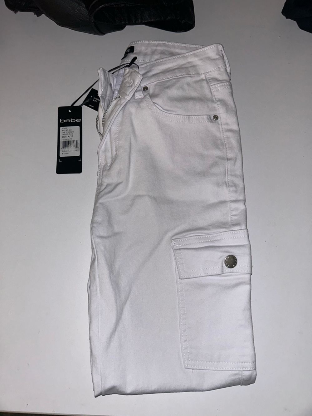 bebe Women Skinny White Stretch Jeans with Silver Hardware